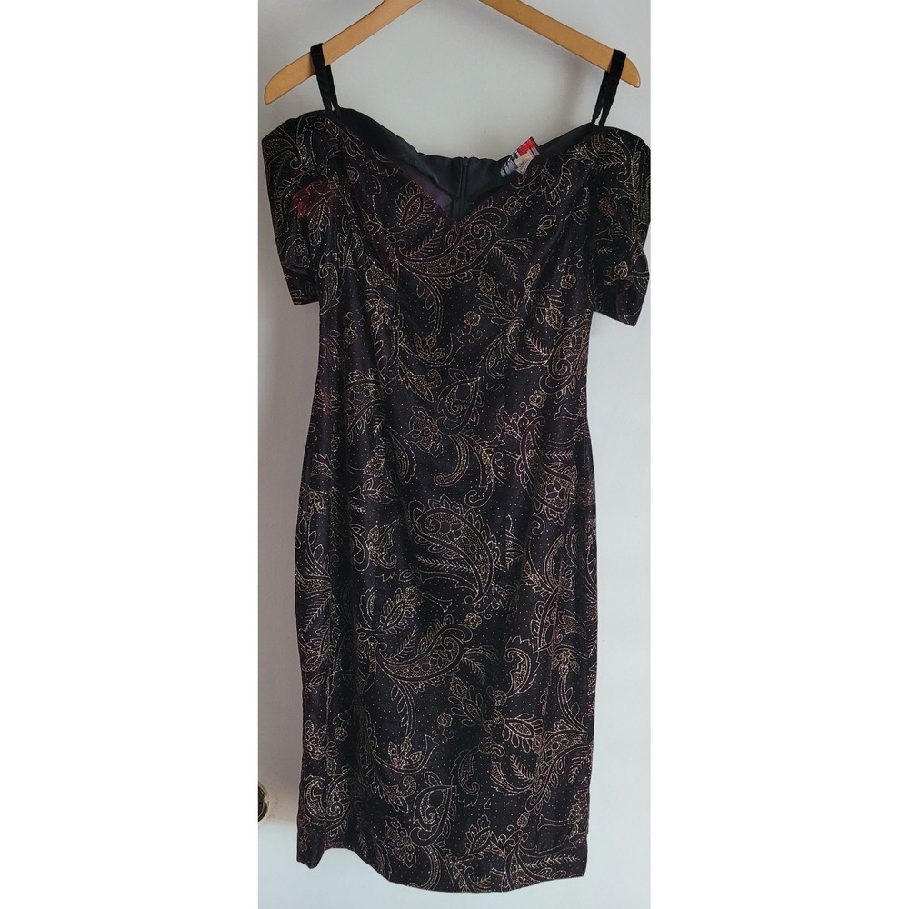 Vintage Scarlett Nite Prom Party Dress Size 7/8 Black Velvet‎ Metallic Floral